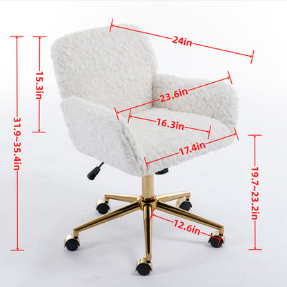 Office Chair, Artificial Rabbit Hair Home Office Chair With Golden Metal Base, Adjustable Desk Chair Swivel Office Chair, Vanity Chair - Orange