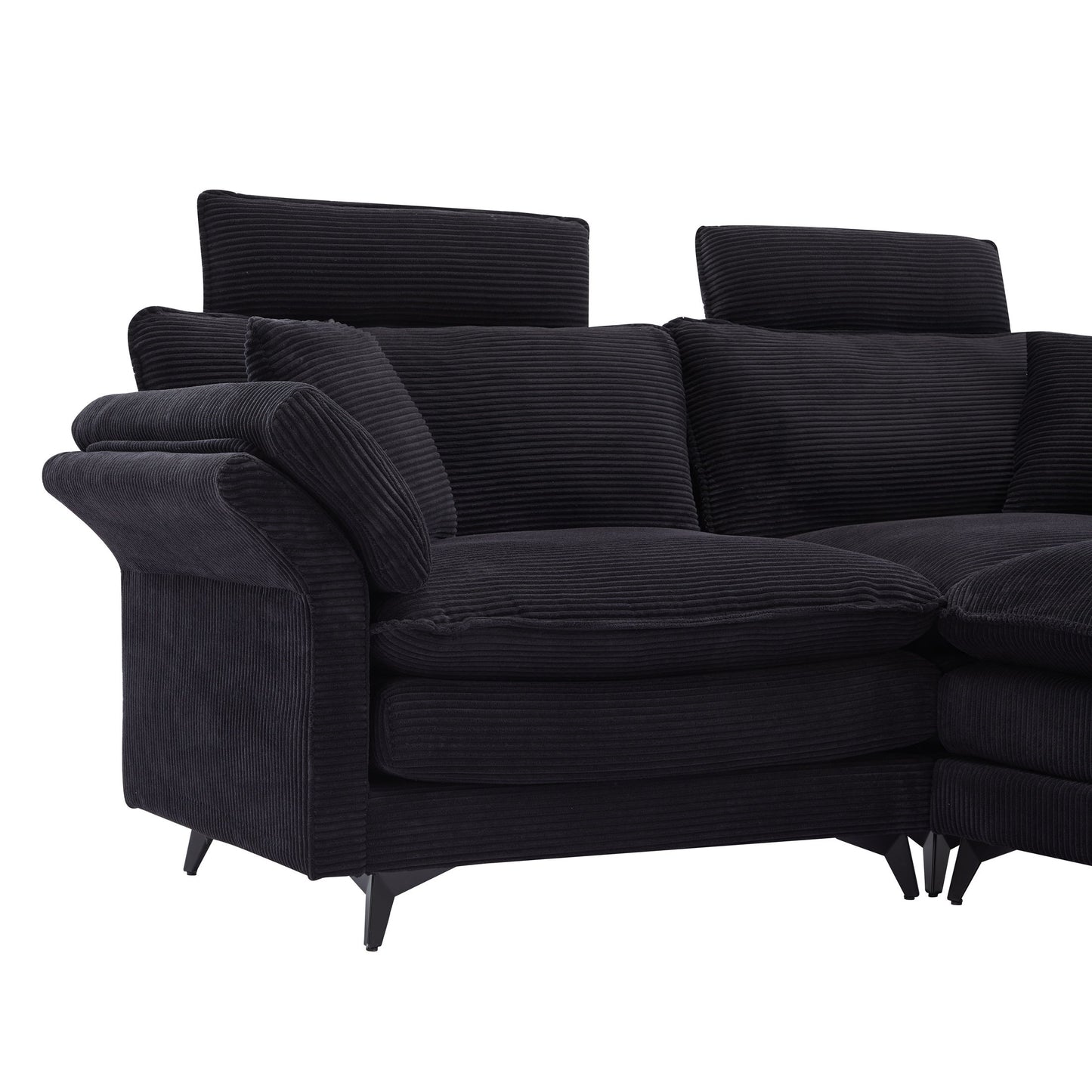 Modern Corduroy, Deep Seat Sectional Sofa With Ottomans, Comfortable Cloud Sofa - Black