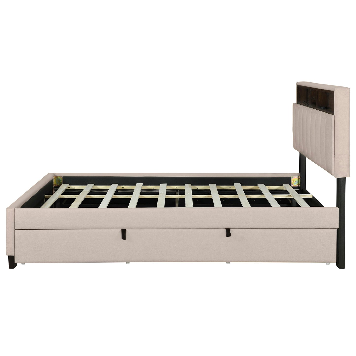 Queen Size Upholstered Platform Bed With Storage Headboard, Twin Long Size Trundle & 2 Drawers And A Set Of Sockets & USB Ports - Beige