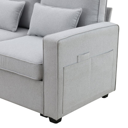 4 Seater Modern Linen Sofa With Armrest Pockets And 4 Pillows, Minimalist Style Couch - Light Gray