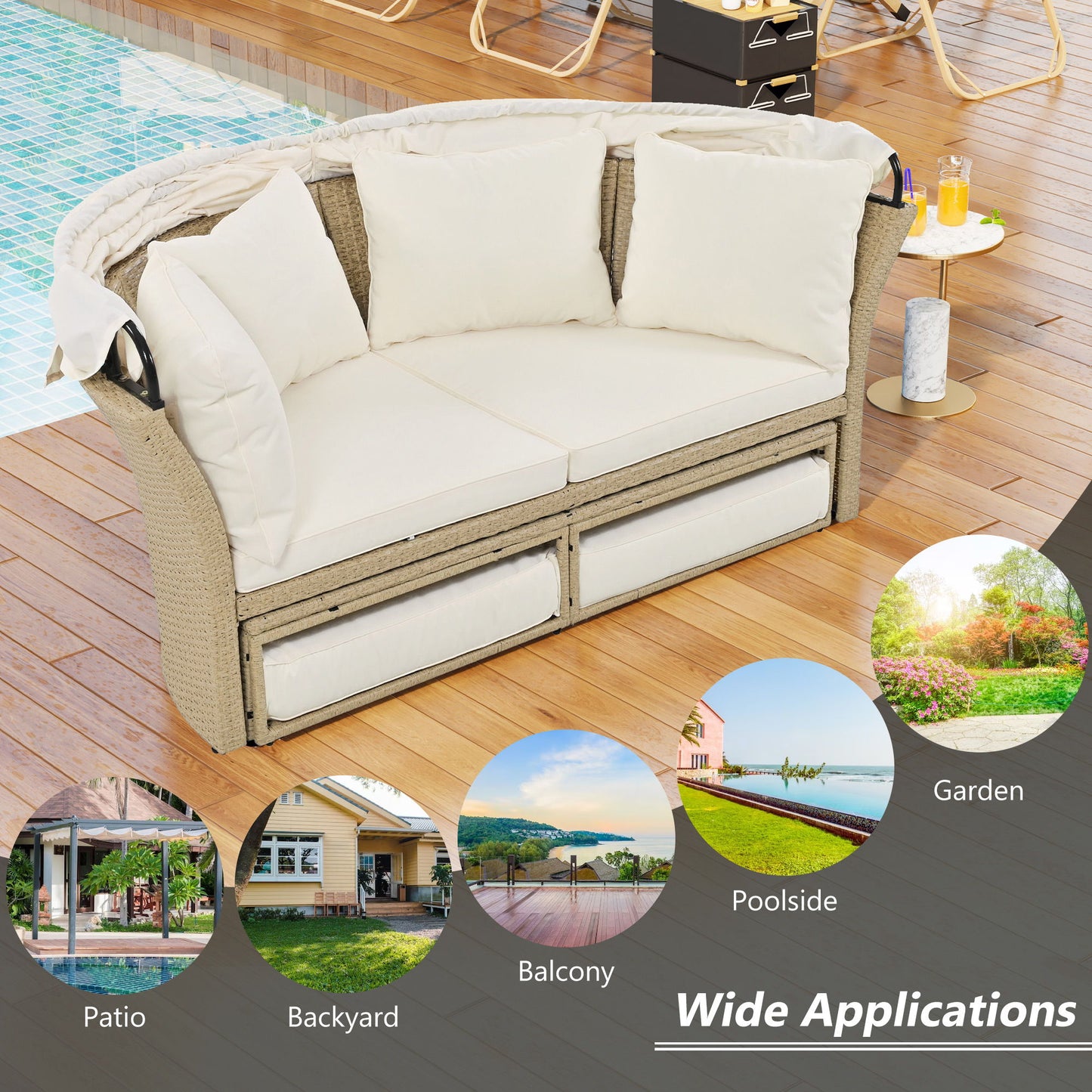 Outdoor Patio Daybed Wicker Rattan Double Daybed Round Sofa Furniture Set With Retractable Canopy, 4 Pillows For Lawn Garden Backyard Porch Pool - Beige
