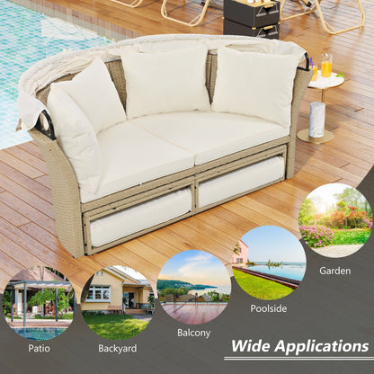 Outdoor Patio Daybed Wicker Rattan Double Daybed Round Sofa Furniture Set With Retractable Canopy, 4 Pillows For Lawn Garden Backyard Porch Pool - Beige