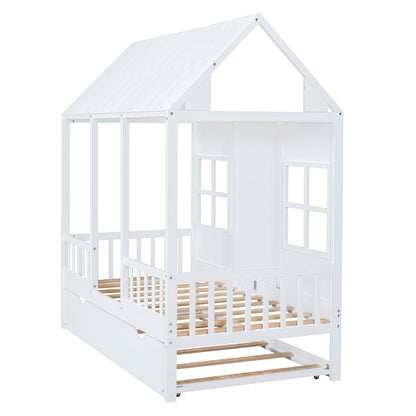 Twin Size House Bed With Twin Size Trundle, Daybed - White