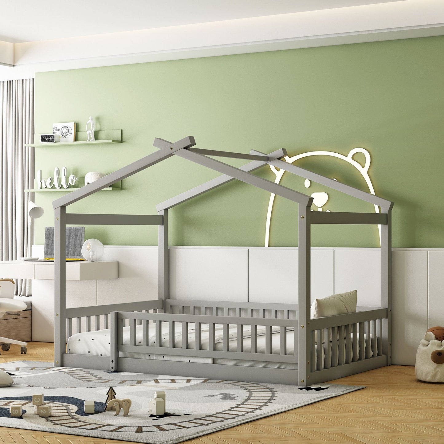 Full Size Bed House Bed Frame With Fence - Gray