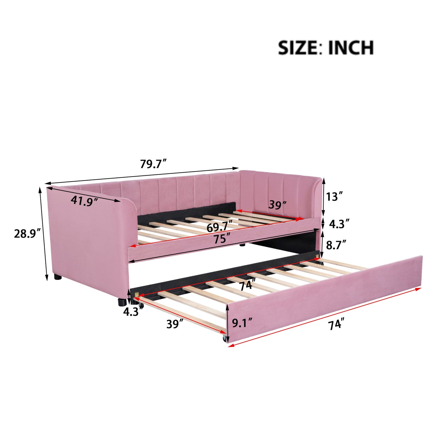 Twin Size Upholstered Daybed With Ergonomic Design Backrest And Trundle - Pink