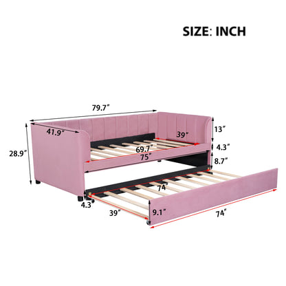 Twin Size Upholstered Daybed With Ergonomic Design Backrest And Trundle - Pink