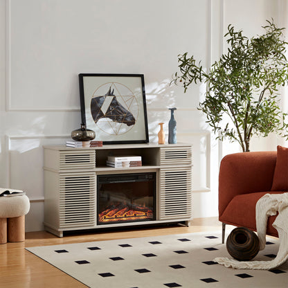 Modern Solid Wood Cabinet With Adjustable Shelves And Remote-Controlled Fireplace - Light Gray