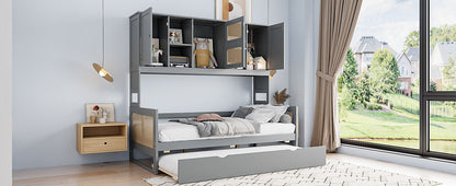 Twin Size Wooden Daybed With Twin Size Trundle, And All In One Cabinet And Shelf - Gray