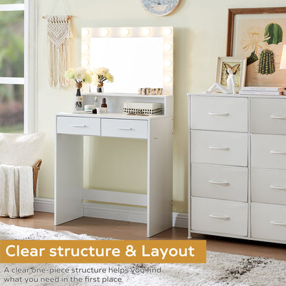 Vanity Desk With Mirror And Lights, Dressing Table With Large Drawer, 2 Level Storage Dresser & 3 Lighting Modes Adjustable Brightness, Suitable For Bedroom - White
