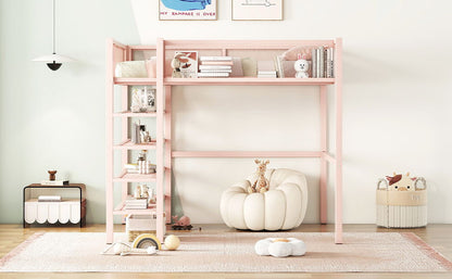 Full Size Loft Bed With 4 Tier Shelves And Storage - Pink