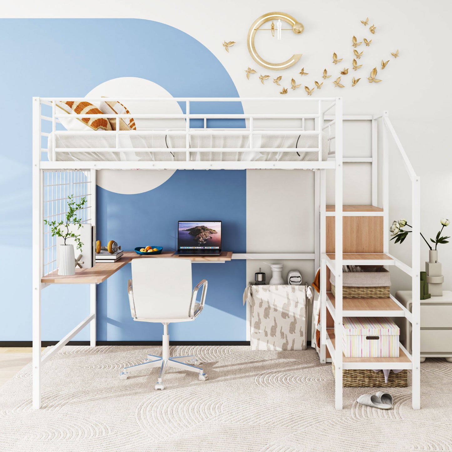 Full Size Loft Bed With Desk And Grid, Stylish Frame With Lateral Storage Ladder And Wardrobe - White