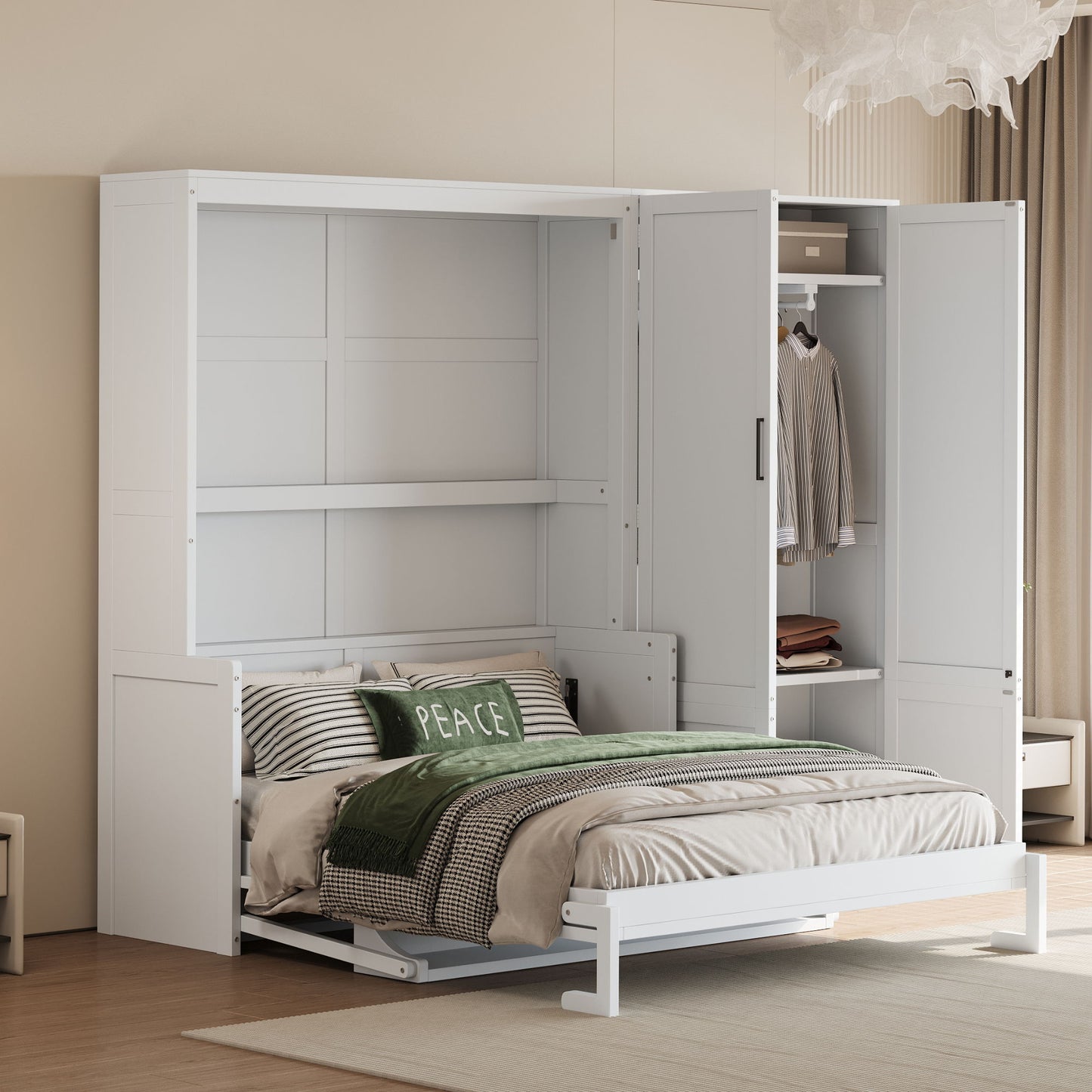 Queen Size Murphy Wall Bed With Closet, Space Saving Design - White