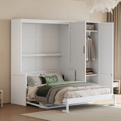Queen Size Murphy Wall Bed With Closet, Space Saving Design - White