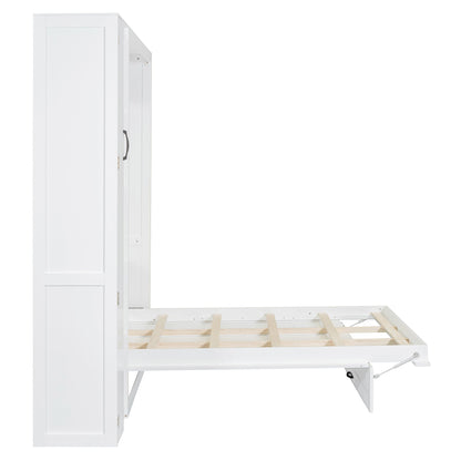 Full Size Murphy Wall Bed With Shelves, Wardrobe And LED Lights - White