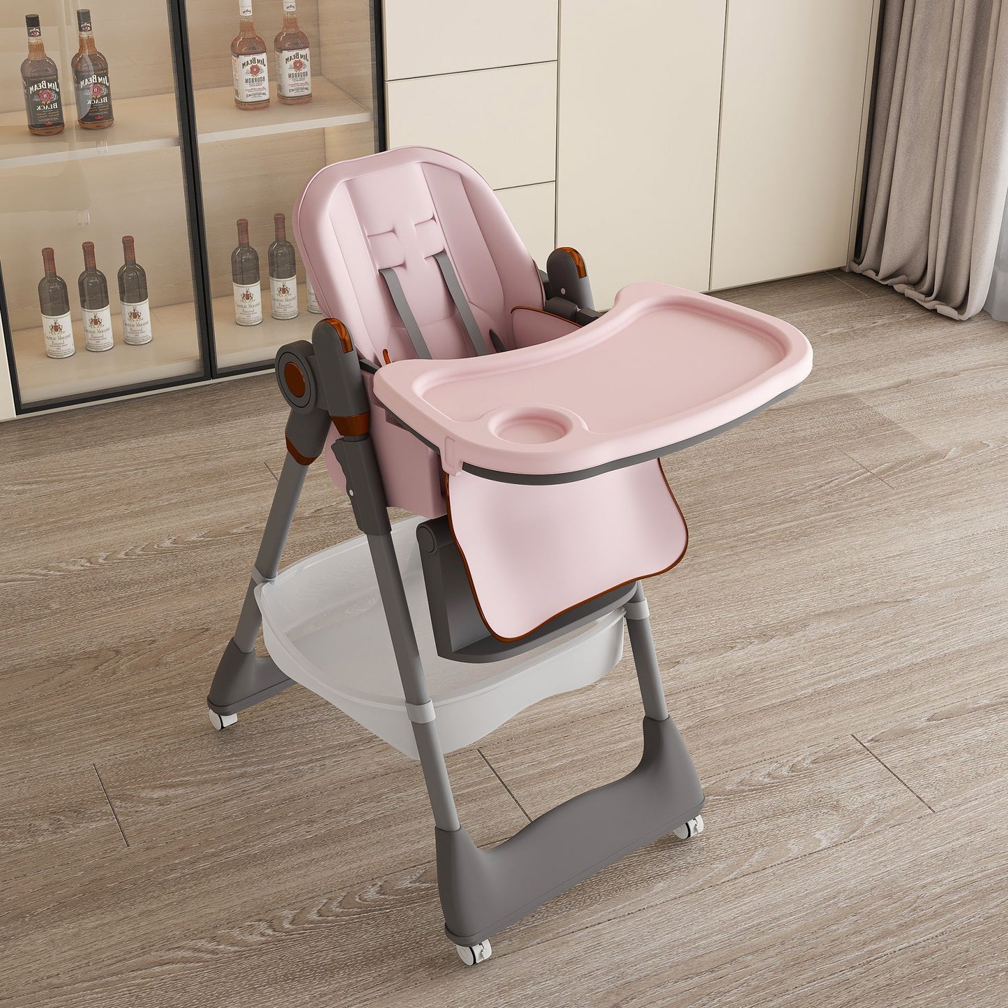Adjustable Baby High Chair 0 - 6 Years, Portable Infant Feeding Seat With Safety Belt, Silent Lockable Wheels - Pink