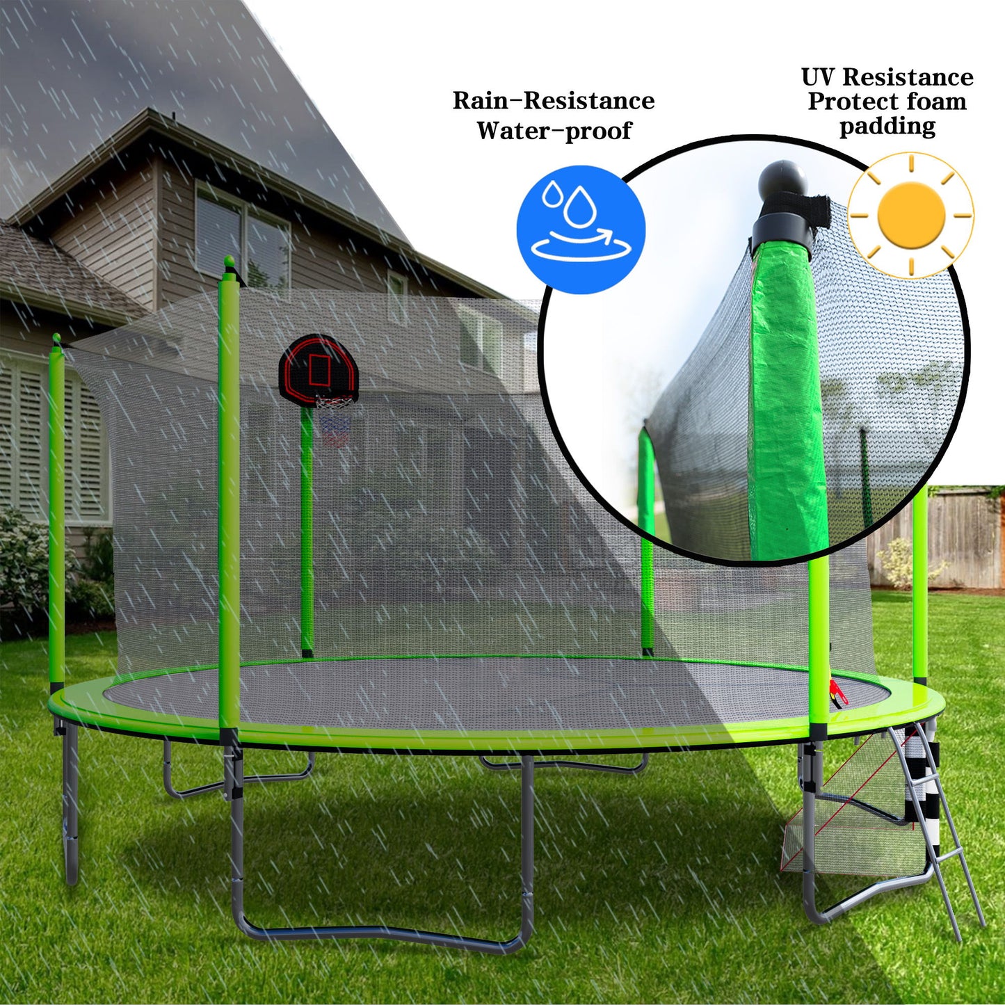 16Ft Trampoline With Basketball Hoop Pump And Ladder (Inner Safety Enclosure) With Soccer Goal - Green