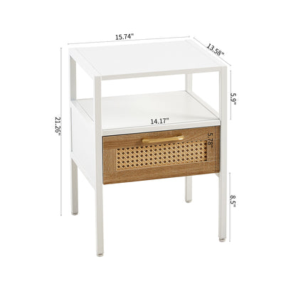 Rattan End Table With Drawer, Modern Nightstand, Metal Legs, Side Table For Living Room, Bedroom (Set of 2)- White