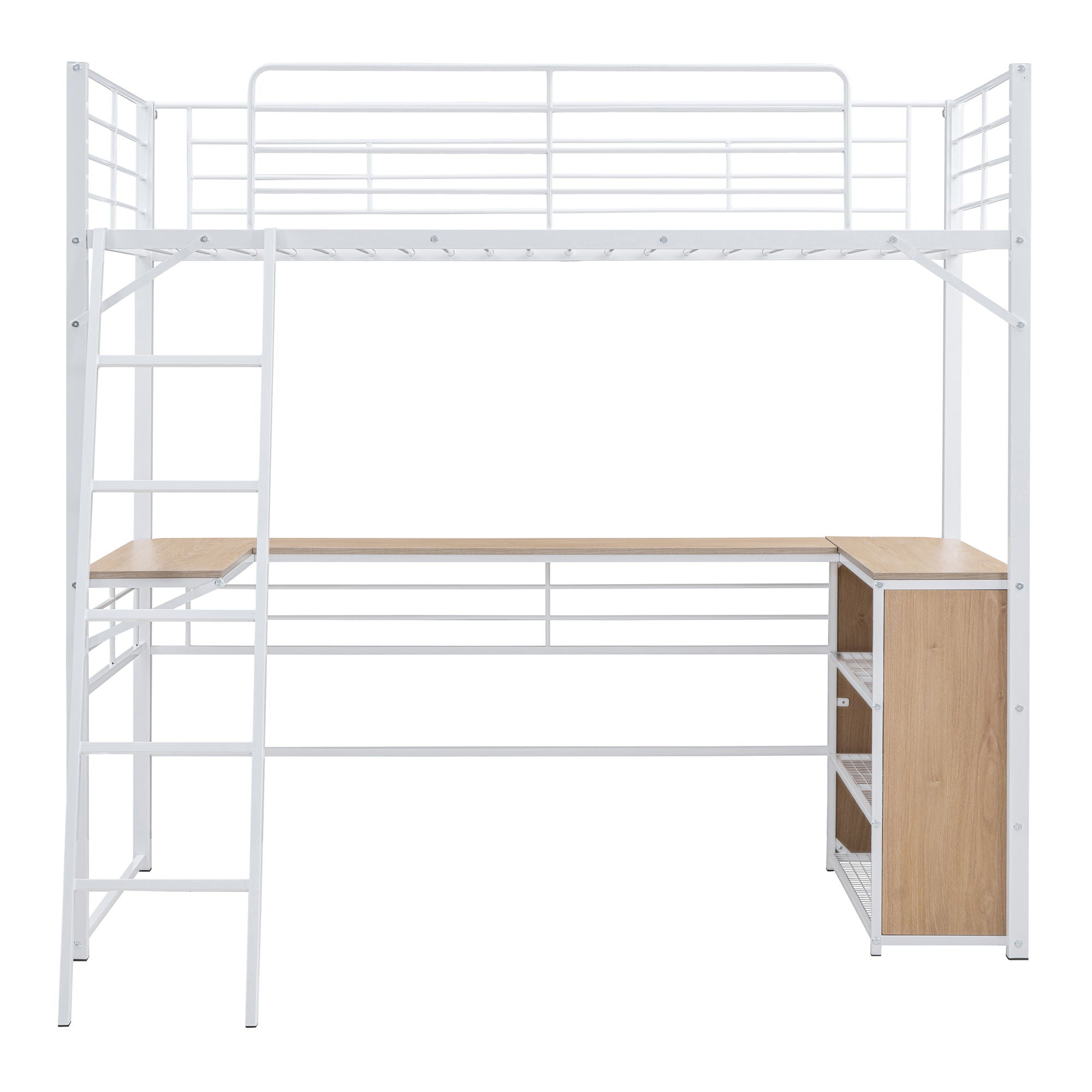 Twin Size Loft Bed With 3 Layers Of Shelves And L-Shaped Desk - White