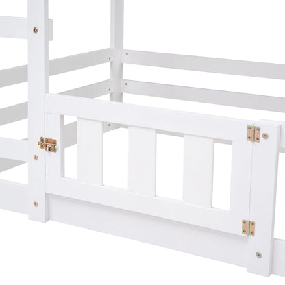 Twin Over Twin House Bunk Bed With Fence And Door - White