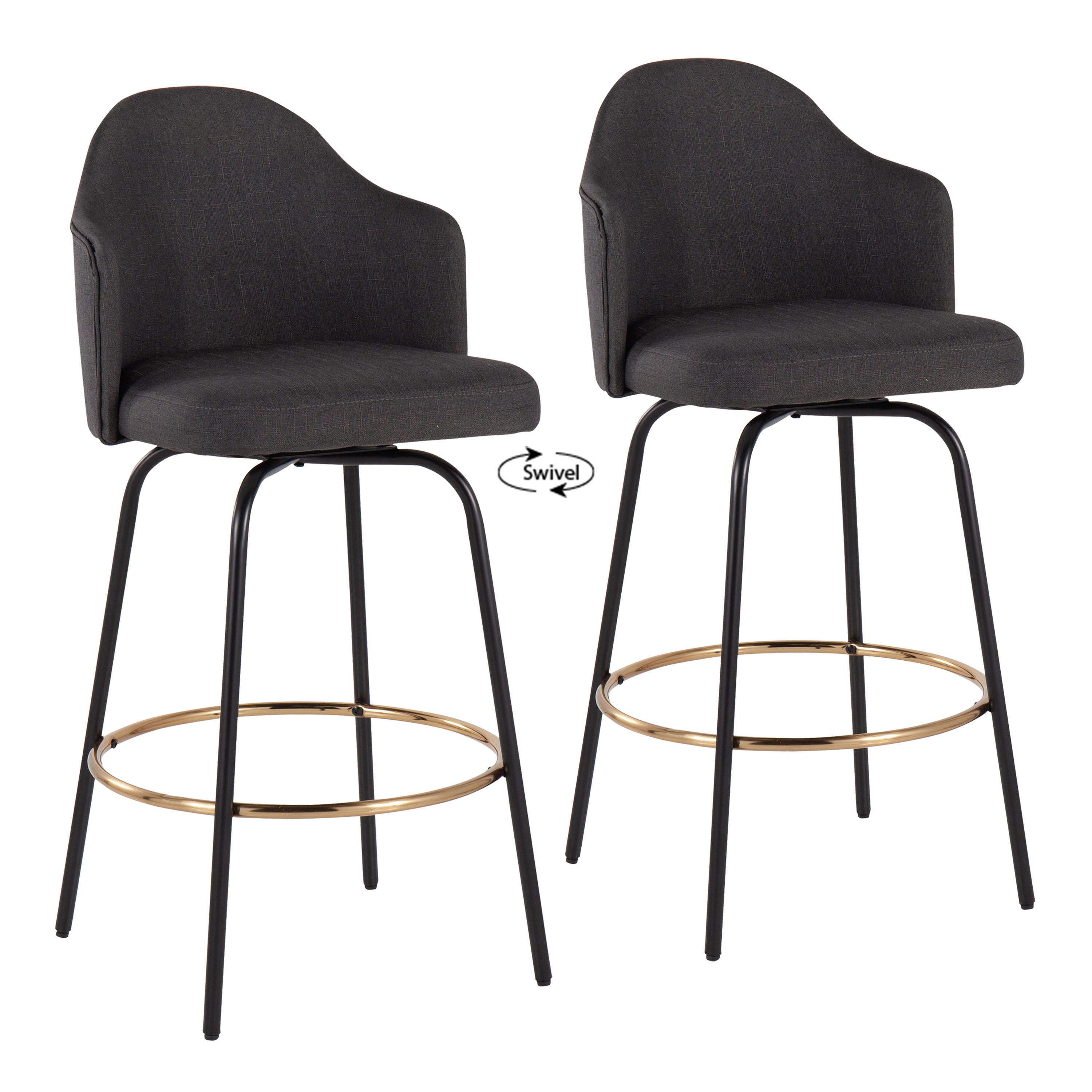 Ahoy - Contemporary Fixed Height Counter Stool Round Gold Footrest (Set of 2) - Charcoal / Black