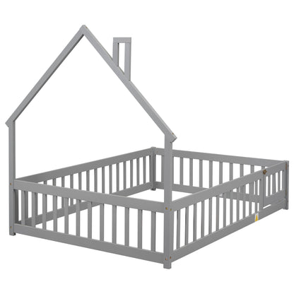 Full House-Shaped Headboard Floor Bed With Fence - Gray