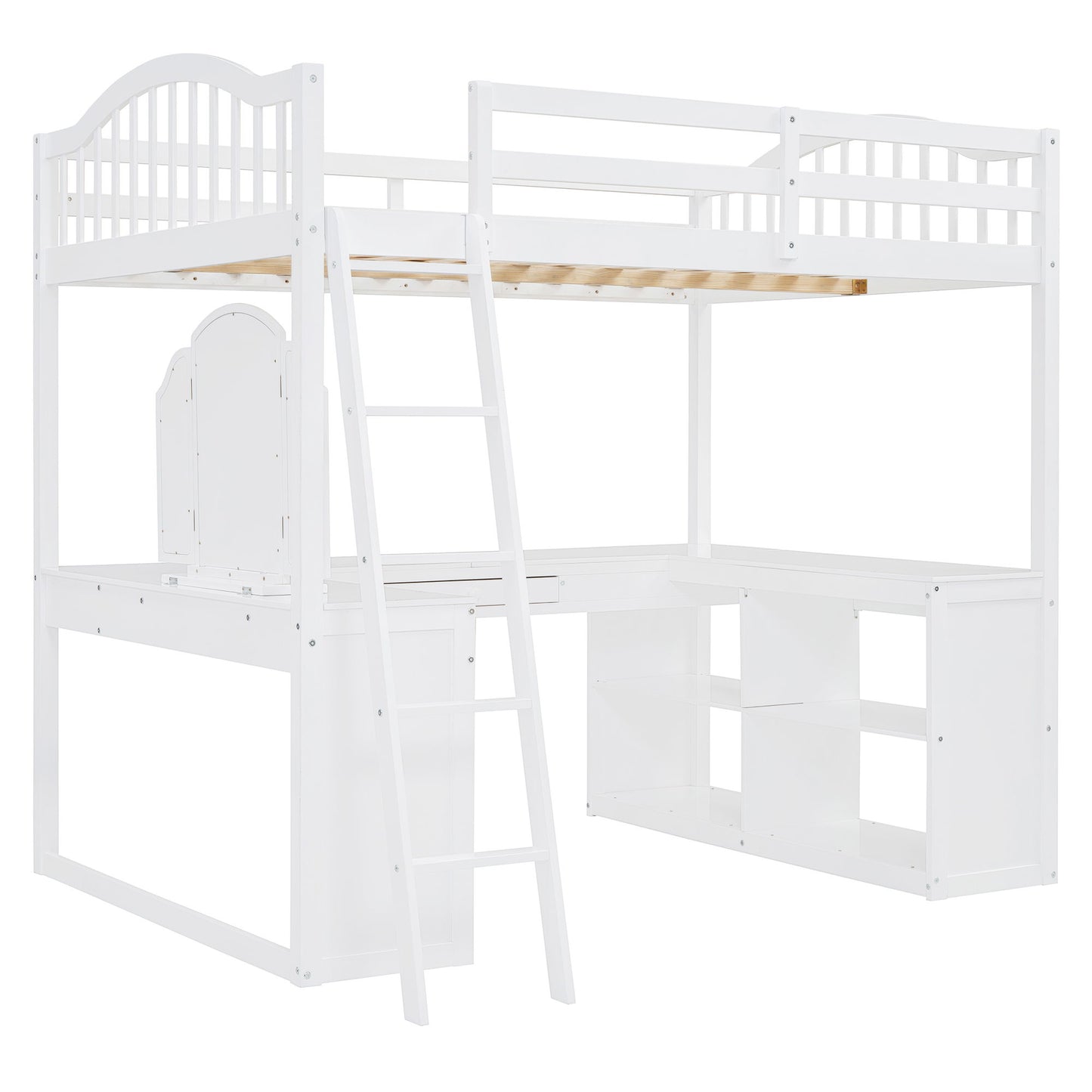 Full Loft Bed With U Shaped Desk, Storage Compartments And Tri Fold Mirror - White