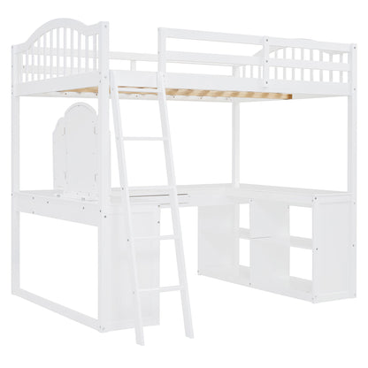 Full Loft Bed With U Shaped Desk, Storage Compartments And Tri Fold Mirror - White