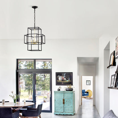 4 Light Metal Lantern Tiered Pendant Hanging Light Fixtures, Industrial Farmhouse Adjustable Height Chandeliers For Dining Room Hallway Foyer Entryway (E12 Bulbs Not Included) - Matte Black / Gold