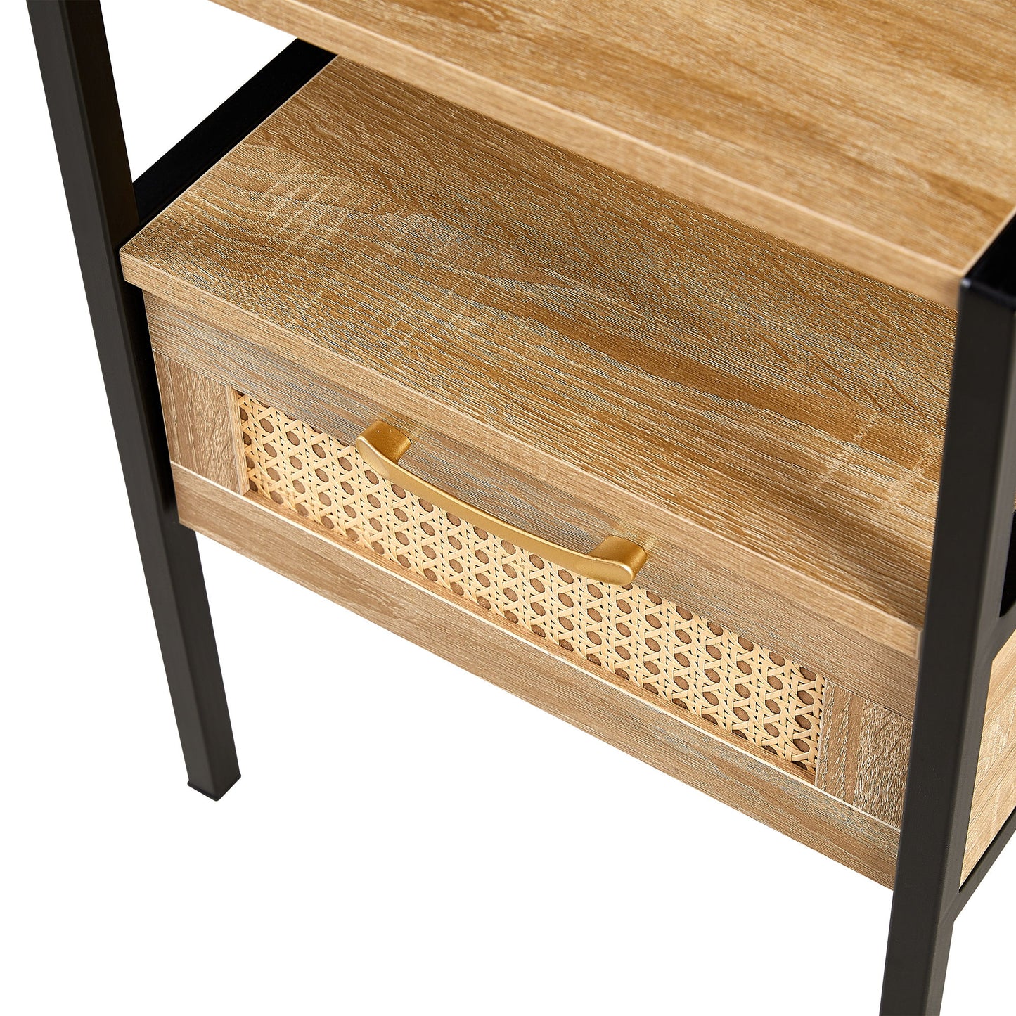 Rattan End Table With Drawer, Modern Nightstand, Metal Legs, Side Table For Living Room, Bedroom - Natural