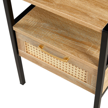 Rattan End Table With Drawer, Modern Nightstand, Metal Legs, Side Table For Living Room, Bedroom - Natural