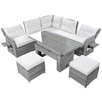 Outdoor Furniture Set Patio Rattan Furniture Set With An Adjustable Table, Recliners With Extendable Side Tables, And 2 Ottomans For Patio, Lawn, Backyard, Pool - Beige