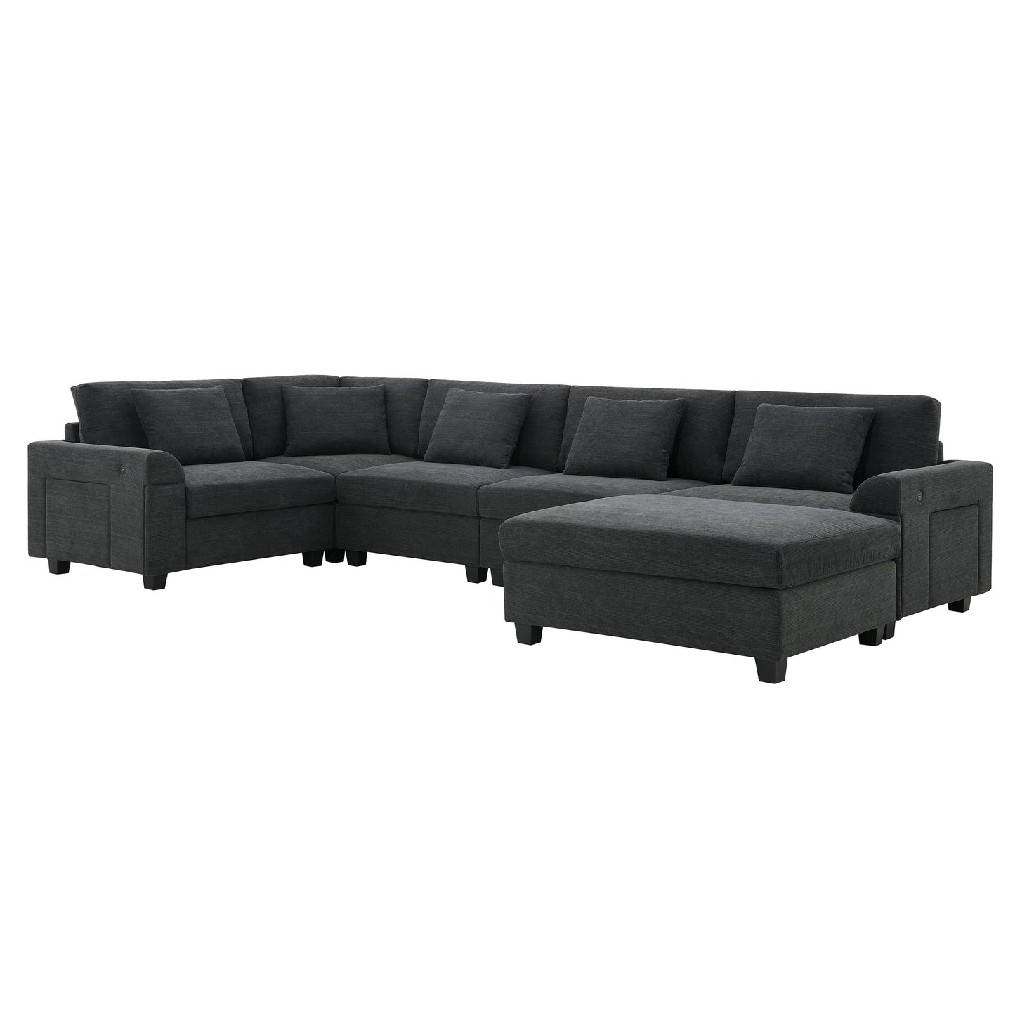 U Shaped Sectional Sofa 6 Seat Couch Set With Oversized Ottoman, Hidden Armrest Storage And Cup Holders USB Charging Ports Wide Seat Sofa - Black