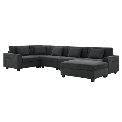 U Shaped Sectional Sofa 6 Seat Couch Set With Oversized Ottoman, Hidden Armrest Storage And Cup Holders USB Charging Ports Wide Seat Sofa - Black