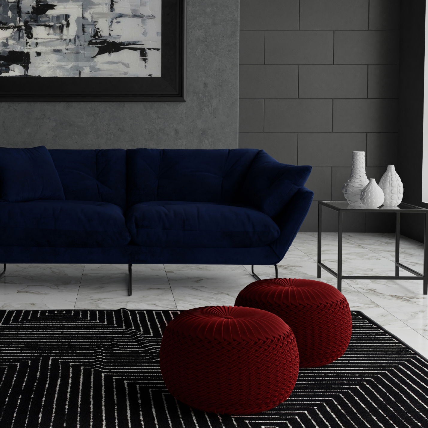 Grafton - Velvet Round Pouf - Maroon
