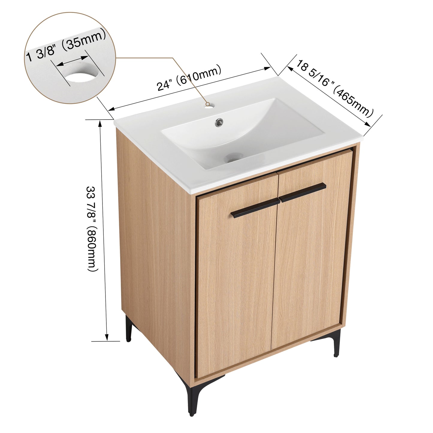 Modern 24" Bathroom Vanity Base With Basin And Storage Cabinet - Oak