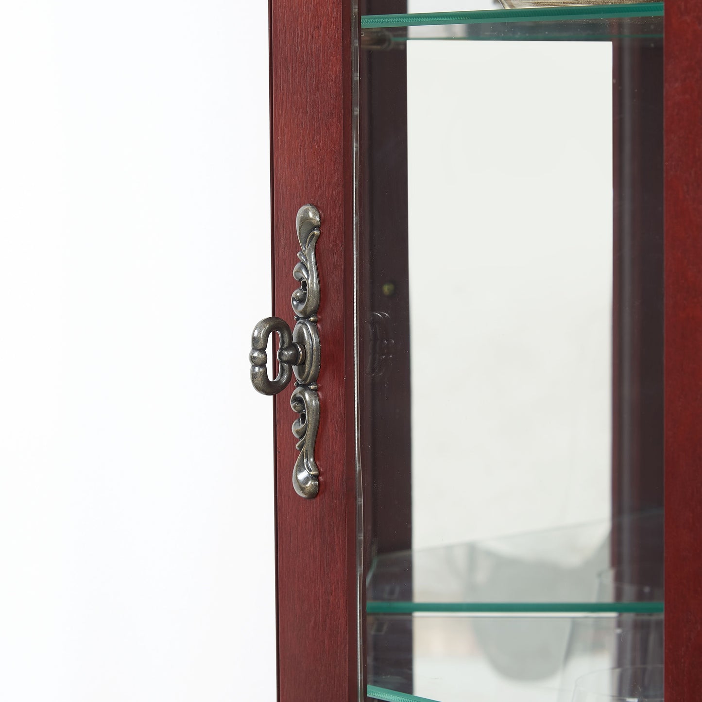 Corner Curio Cabinet With Lights, Adjustable Tempered Glass Shelves, Mirrored Back, Display Cabinet (E26 Light Bulb Not Included) - Cherry
