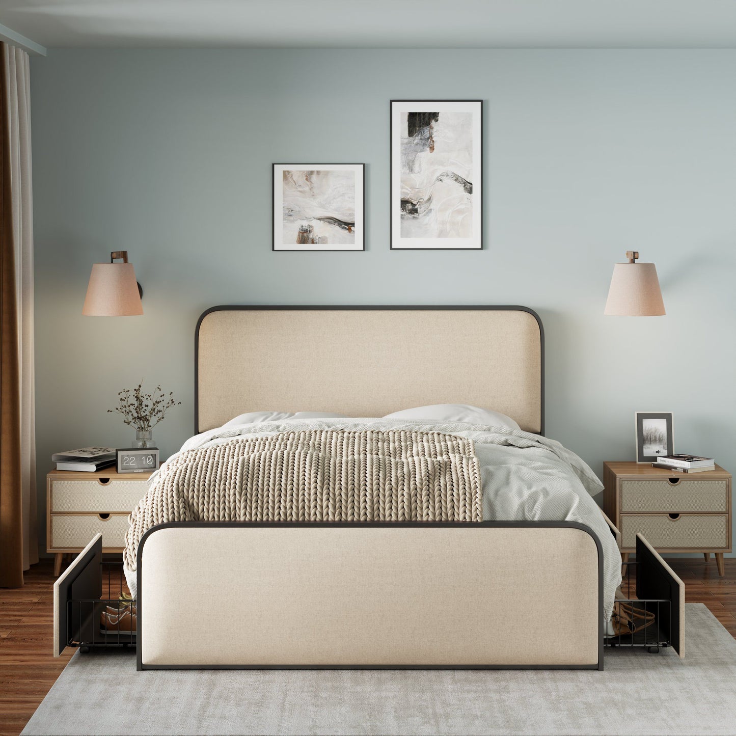 Modern Metal Bed Frame With Curved Upholstered Headboard And Footboard Bed With 4 Storage Drawers, Heavy Duty Metal Slats, King Size - Beige