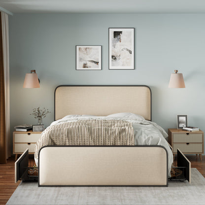 Modern Metal Bed Frame With Curved Upholstered Headboard And Footboard Bed With 4 Storage Drawers, Heavy Duty Metal Slats, King Size - Beige