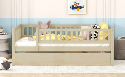 Full Size Daybed With Trundle And Fence Guardrails - Natural