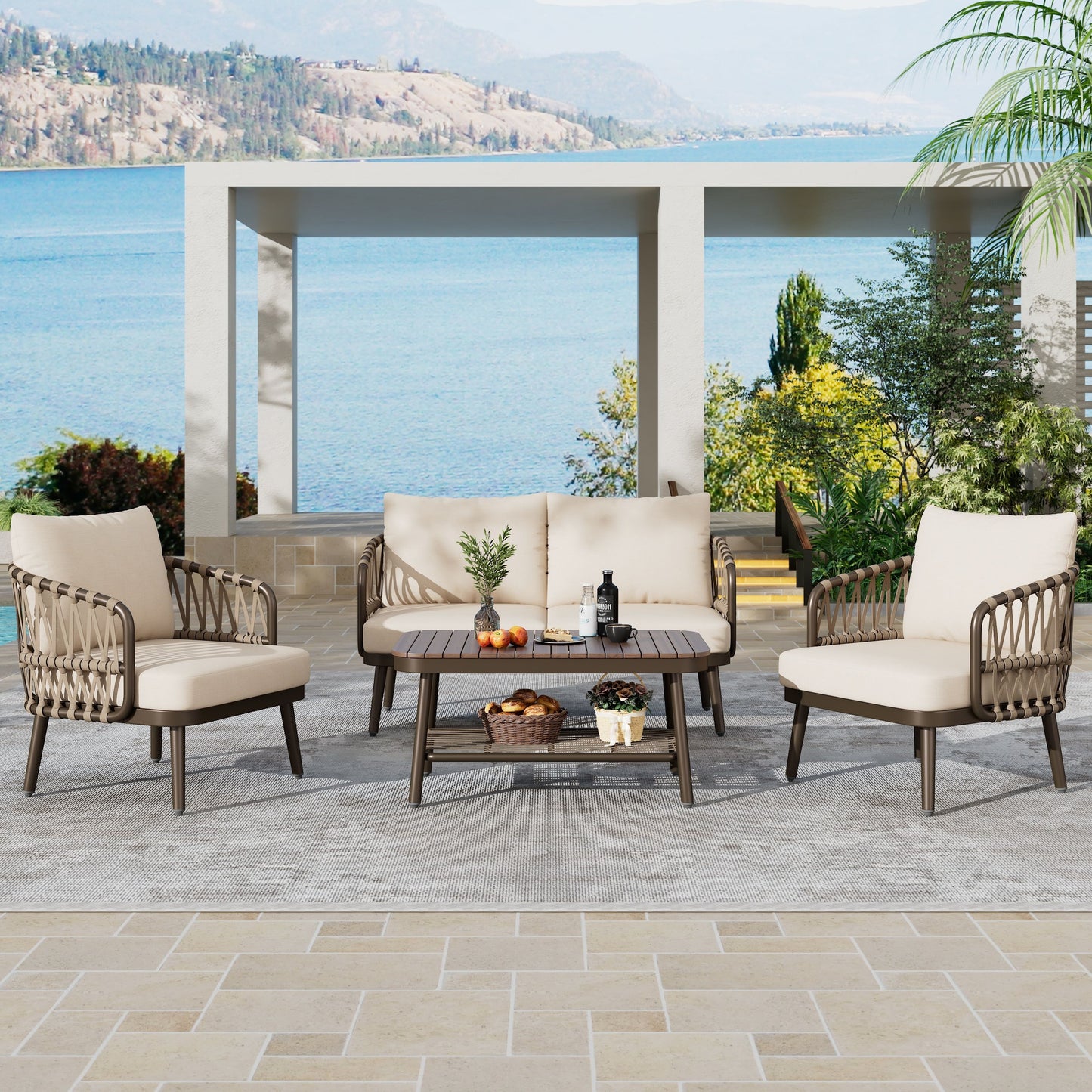 4 Piece Outdoor Patio Furniture Set, Metal Chairs With Woven Rope U Shaped Backrest, Outdoor Conversation Set With Thick Cushions And Coffee Table For Garden, Poolside, Balcony - Brown / Beige