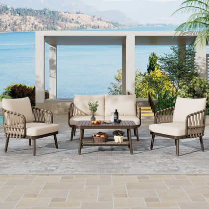 4 Piece Outdoor Patio Furniture Set, Metal Chairs With Woven Rope U Shaped Backrest, Outdoor Conversation Set With Thick Cushions And Coffee Table For Garden, Poolside, Balcony - Brown / Beige