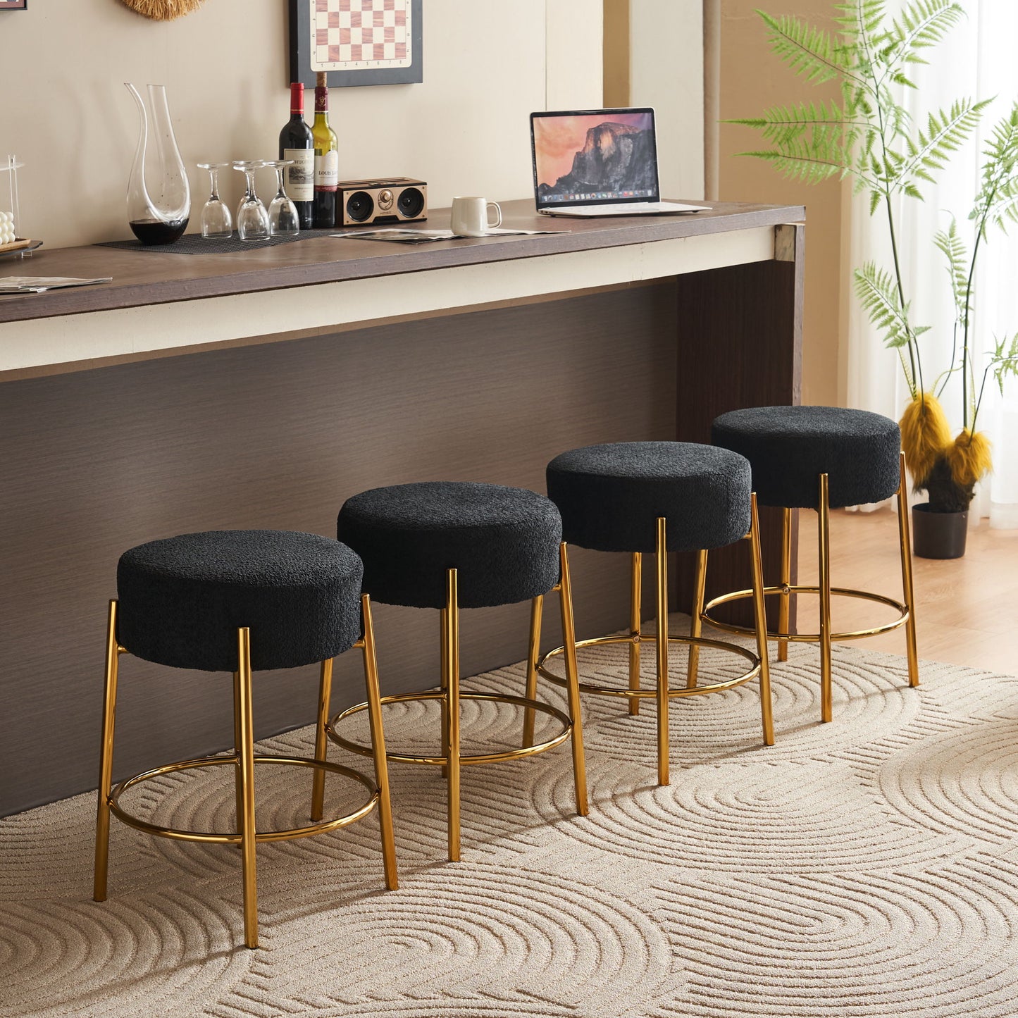 Round Bar Stools (Set of 2), Contemporary Upholstered Dining Stools For Kitchens, Coffee Shops And Bar Stores - Black / Gold