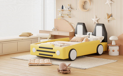 Twin Size Race Car Shaped Platform Bed With Wheels - Yellow