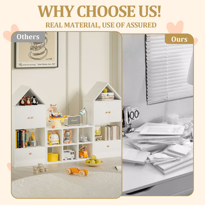 Versatile Children's Bookshelf With House-Shaped Design Multifunctional Storage - White