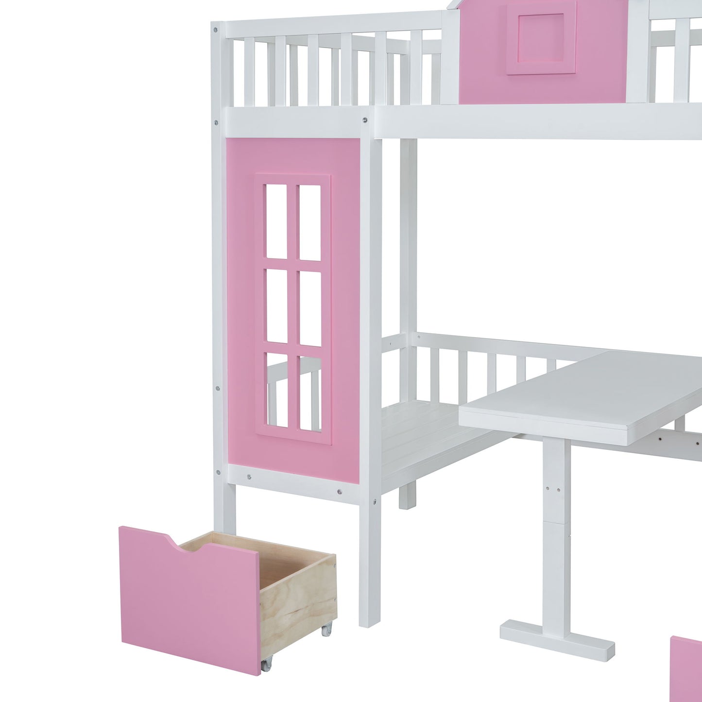 Twin Over Twin Bunk Bed With Changeable Table, Bunk Bed Turn Into Upper Bed And Down Desk - Pink