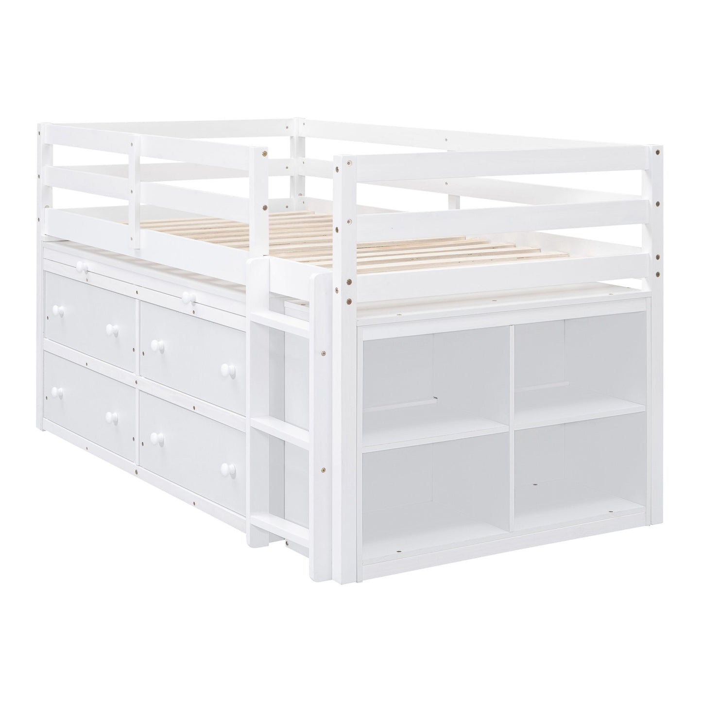 Twin Size Loft Bed With Retractable Writing Desk And 4 Drawers, With Lateral Portable Desk And Shelves - White