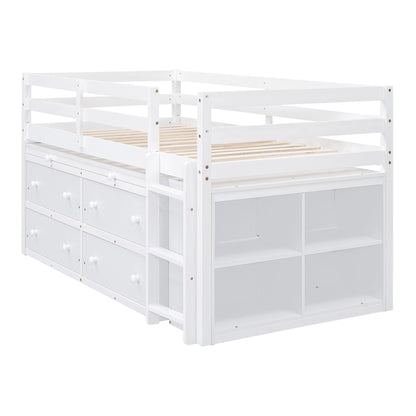 Twin Size Loft Bed With Retractable Writing Desk And 4 Drawers, With Lateral Portable Desk And Shelves - White