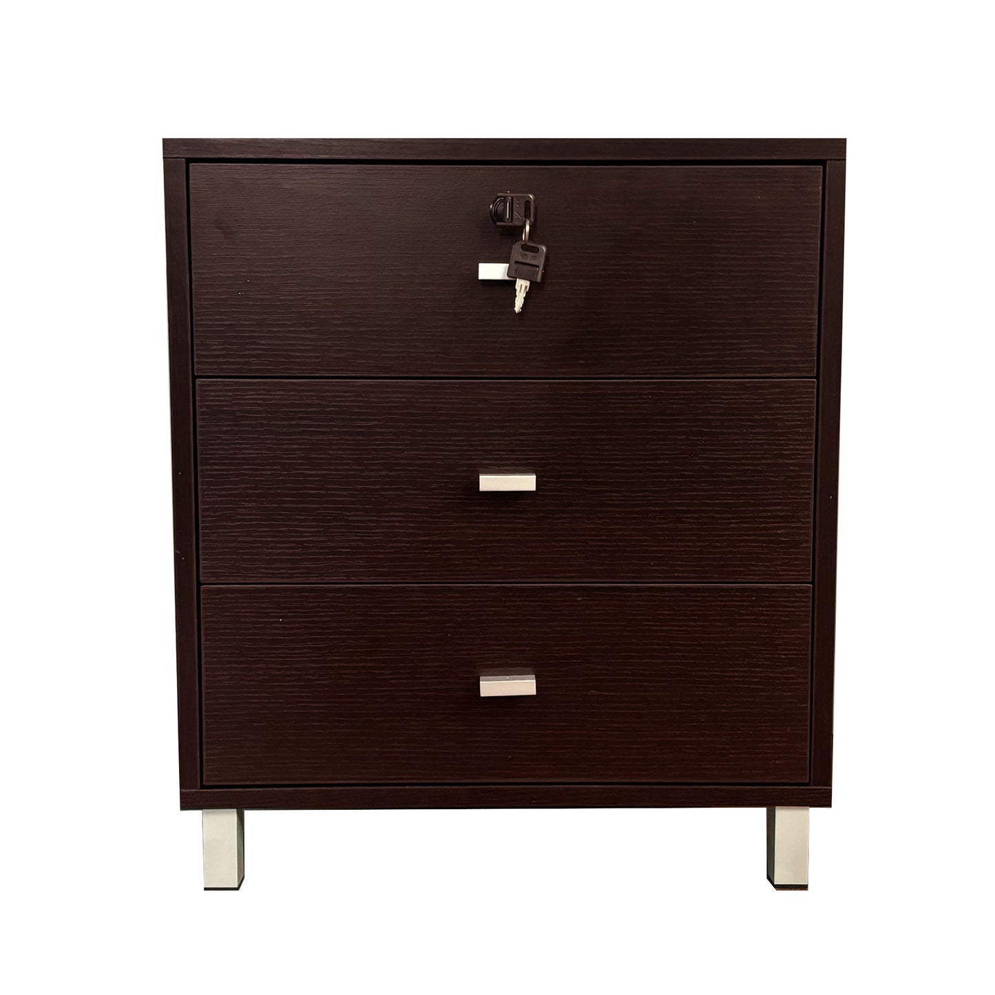 3 Drawer Nightstand Locking Top Drawer Metal Drawer Glides Metal Bar Handles - Espresso