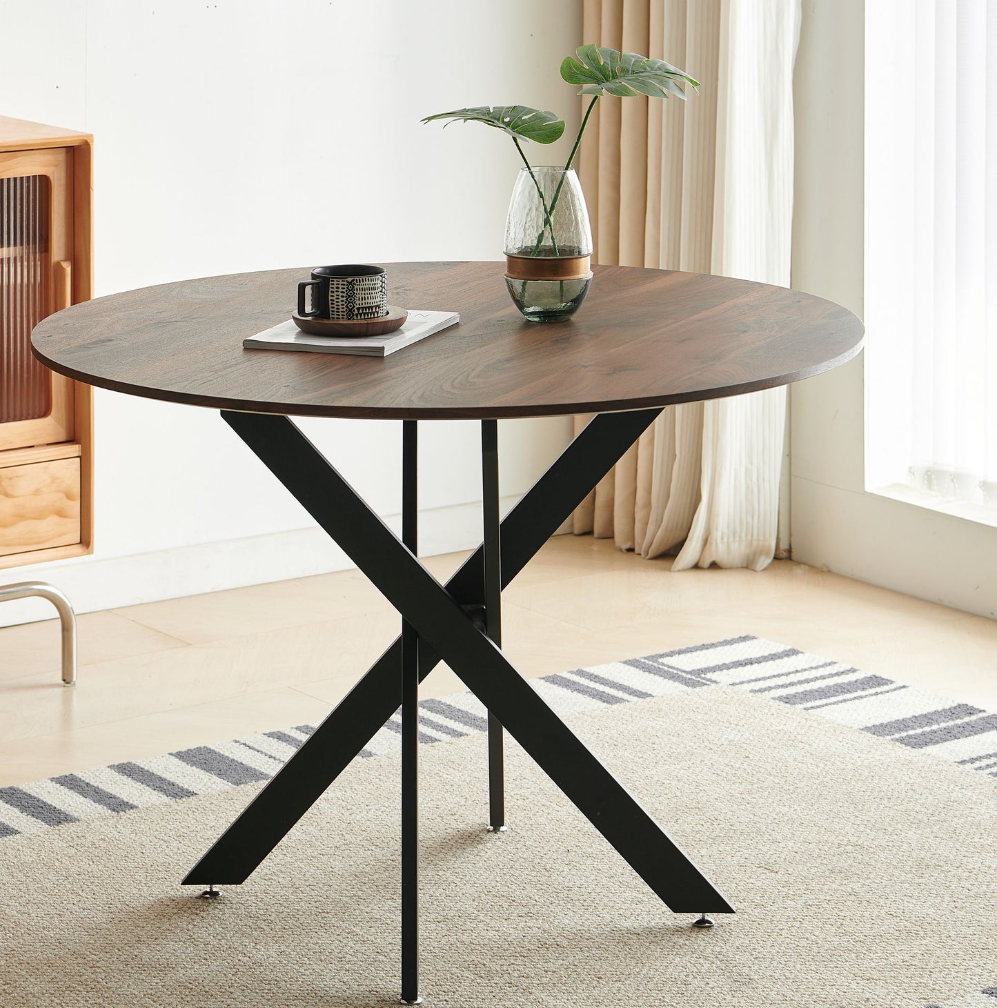Table Mid-Century Dining Table For 4 - 6 People With Round MDF Table Top, Pedestal Dining Table, End Table Leisure Coffee Table, Cross Leg - Matte Black / Natural