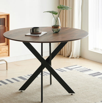 Table Mid-Century Dining Table For 4 - 6 People With Round MDF Table Top, Pedestal Dining Table, End Table Leisure Coffee Table, Cross Leg - Matte Black / Natural